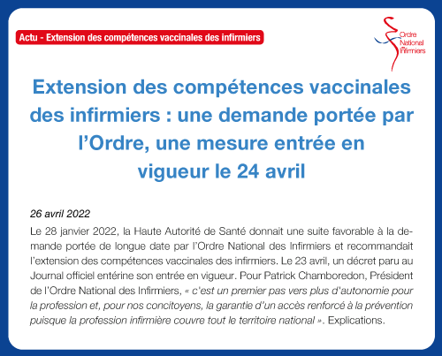 Extension des compétences vaccinales des infirmiers : une demande portée par l’Ordre, une mesure entrée en vigueur le 24 avril